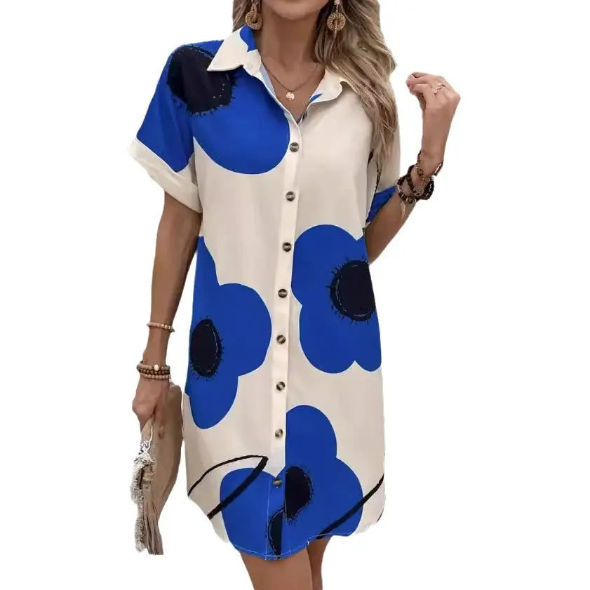 New Summer Large Size Women's Printed Pleated Loose Shirt Skirt
