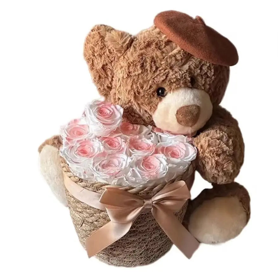 Bear Eternal Flower Finished Rose Hugging Flower Bouquet For Girlfriend Birthday Gift Doll Dried Flower Valentine's Day Gift