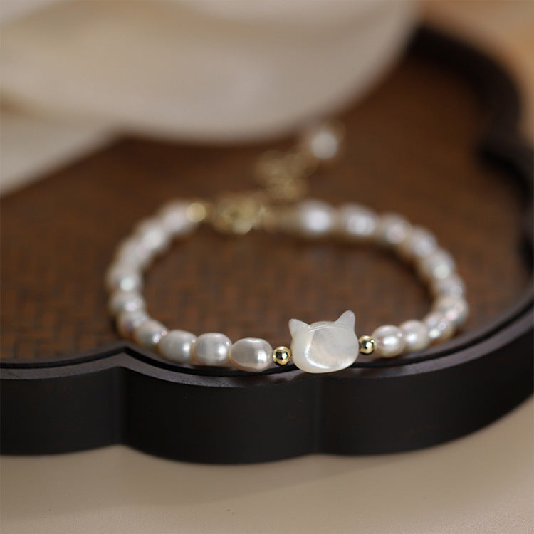 Fashionable Freshwater Pearl Cat Hand Chain Women's Style Beaded Bracelet Elegant Trendy Jewelry Gift Tour Souvenir SL03-72