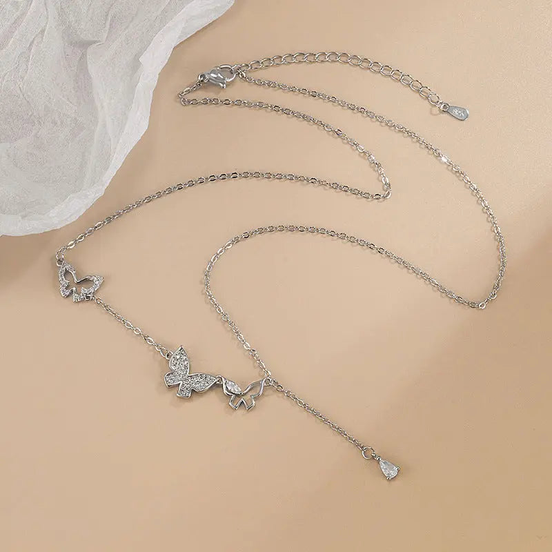 Three Butterfly Tassel Necklace Diamond-embedded Zircon High-grade Daily Simple All-match Niche Female Valentine's Day Clavicle Chain
