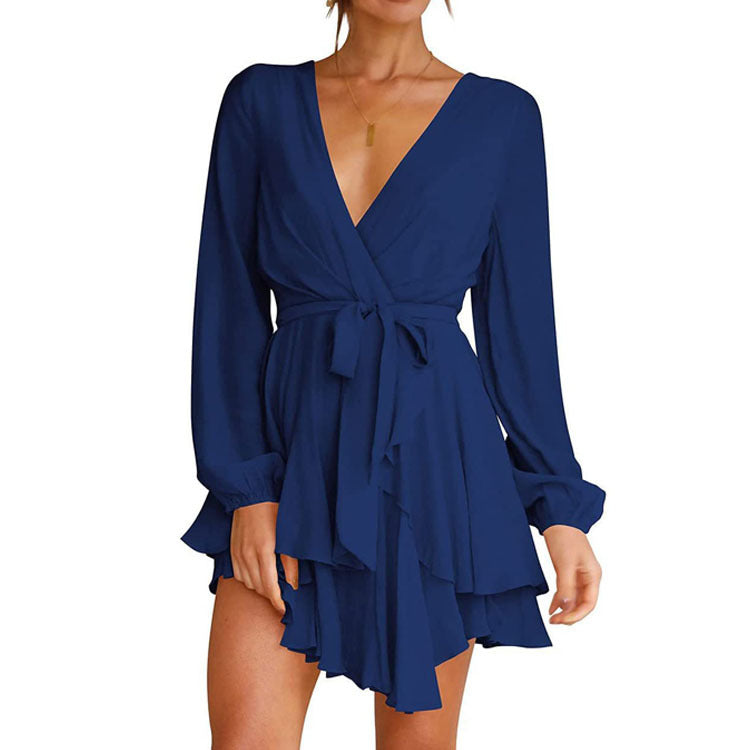 Deep V Neck Long Sleeve Dress Waist Tie Pleated Mini Skirt Skate Skirt