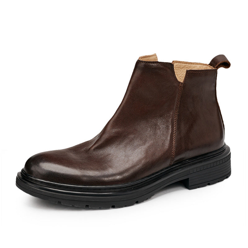 Men's Genuine Leather Autumn And Winter Round Toe Thick-soled Martin Boots Retro Chelsea Boots Zipper Motorcycle Trend Versatile Leather Boots