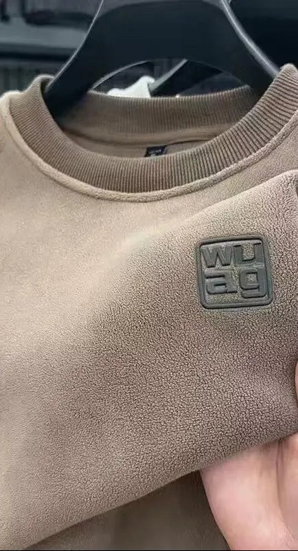 Foreign Trade Cut Label Double-sided Thickened Australian Grain Velvet Autumn And Winter Fleece-lined Top Men's Solid Color Casual Round Neck Fleece Sweat