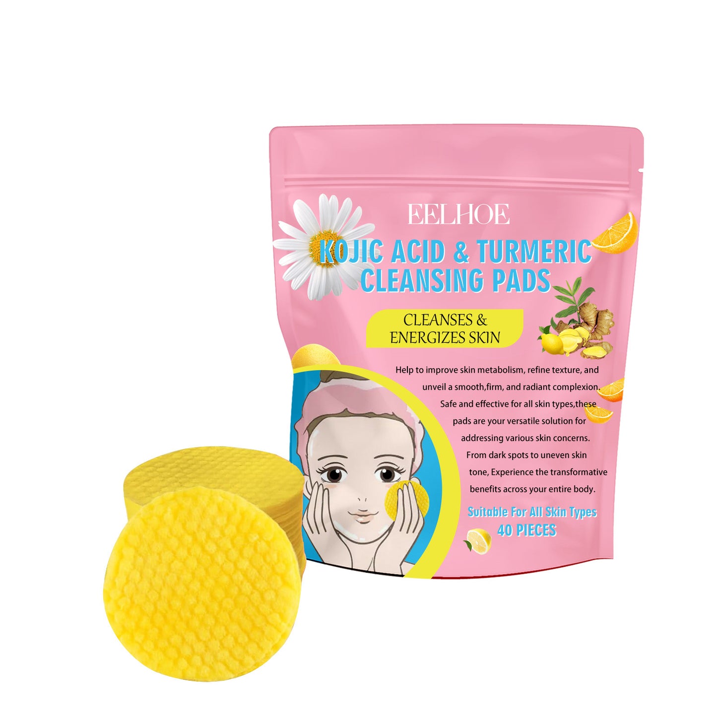 EELHOE Turmeric Kojic Acid Cleansing Pad Gentle Cleansing Skin Care Fades Acne Facial Brightening And Tender Pores