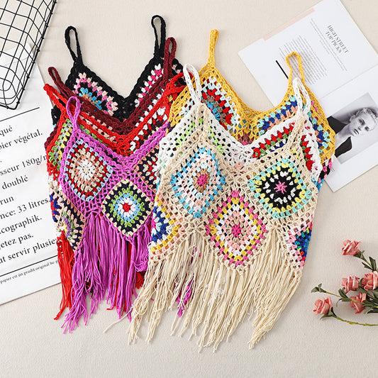 Real Shot Tassel Vest Sling Women's Summer Ethnic Style Vintage Embroidered Outwear V-neck Travel All-match Knitted Hollow Shirt