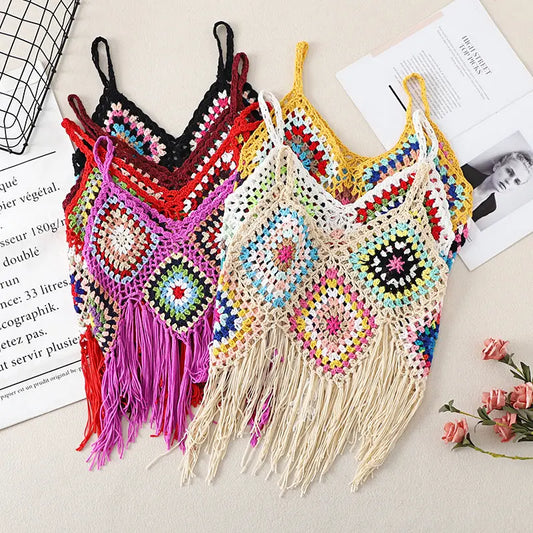 Real Shot Tassel Vest Sling Women's Summer Ethnic Style Vintage Embroidered Outwear V-neck Travel All-match Knitted Hollow Shirt