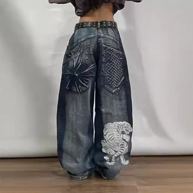 American Style Loose Straight-Leg Jeans Men's Retro Hip-Hop Gothic Street Clothing Harajuku Men's Casual Pants
