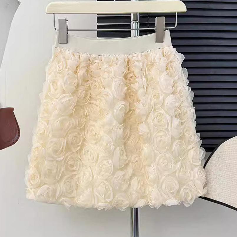 South Korea Elegant White High Waist Three-Dimensional Rose Decorative Feminine Skirt Sweet Age-Reducing A- Line Hip Skirt