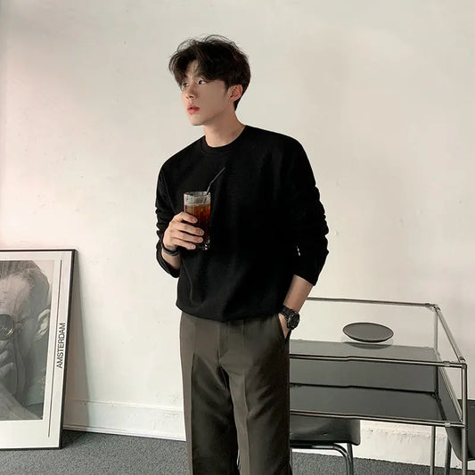 MYQ Long-sleeved T-shirt Men's Round Neck Autumn Korean Style Loose Fashionable Casual Solid Color Cotton T-shirt Base Shirt Top