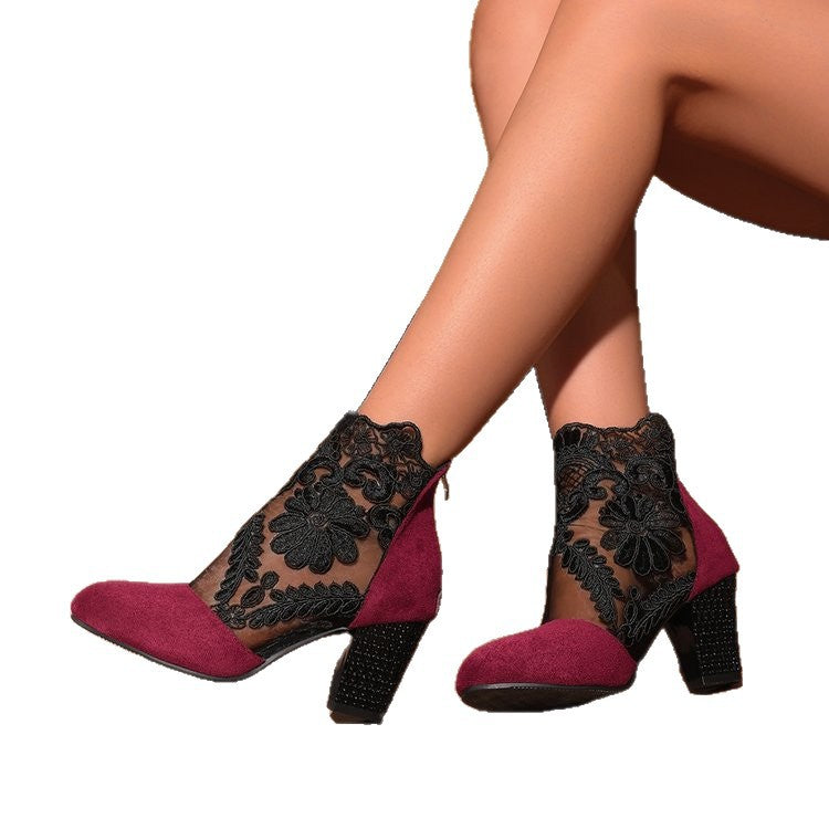 Lace Mesh Block Heel Ankle Boots - Elegant Floral Sheer