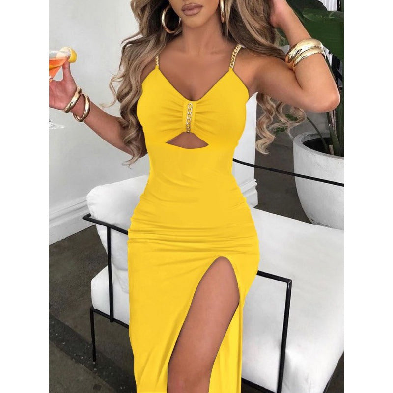 8076 European And American Autumn Clothes AliExpress Independent Station Skirt Women's Chain Shoulder Straps Slit Suspender Dress Women