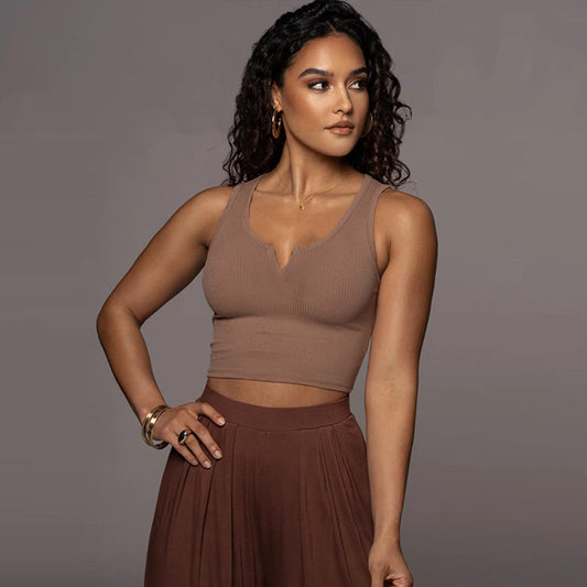 Trendy slim-fit crop camisole vest in apricot, white, coffee, and light grey – sleek, comfortable, and stylish for versatile outfits.