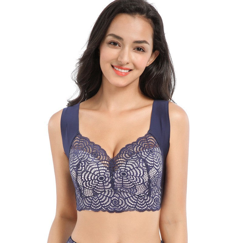 Luxury lace plus-size bra in black, red, beige, and navy blue – elegant, breathable, and supportive for everyday wear.