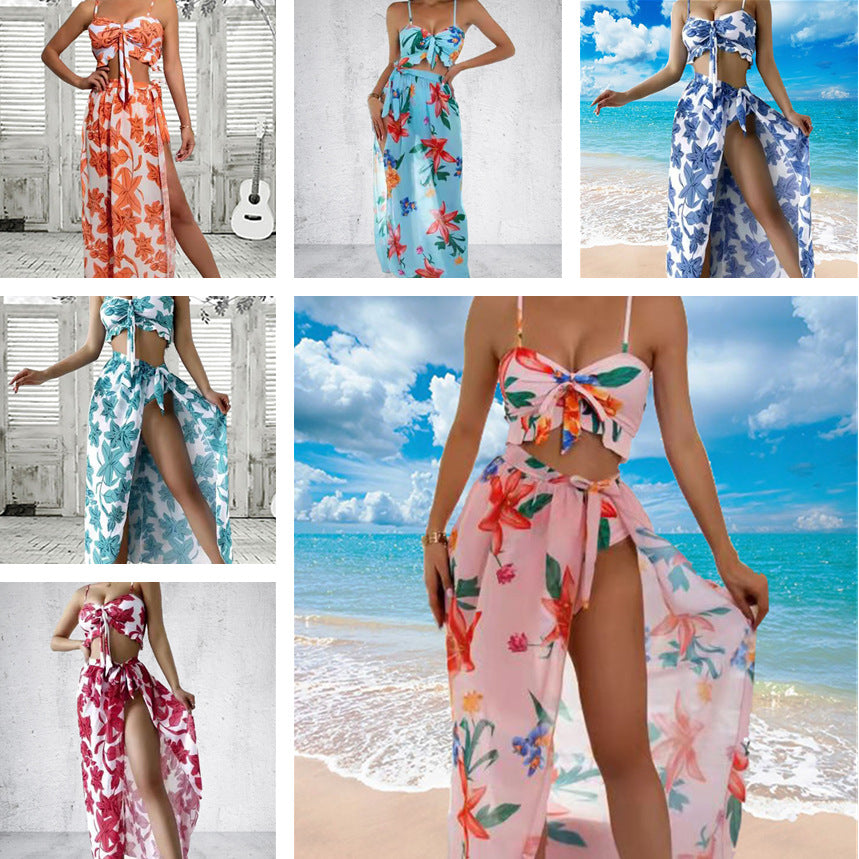 Three-piece Plant Print Bikini Swimsuit.