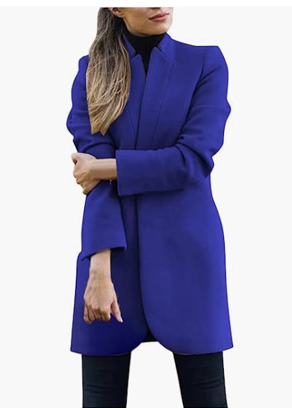 Fashion Solid Color Stand-up Collar Woolen Coat