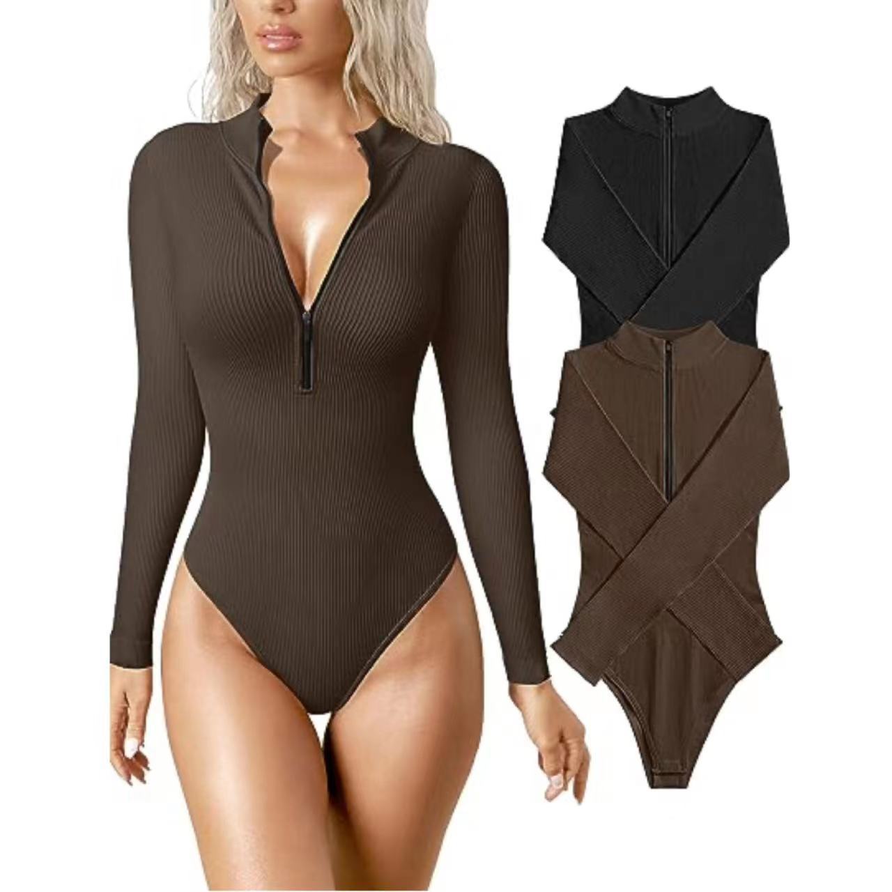 Long-sleeved Romper Sexy Ribbed Romper Front Zipper Long-sleeved Top Romper