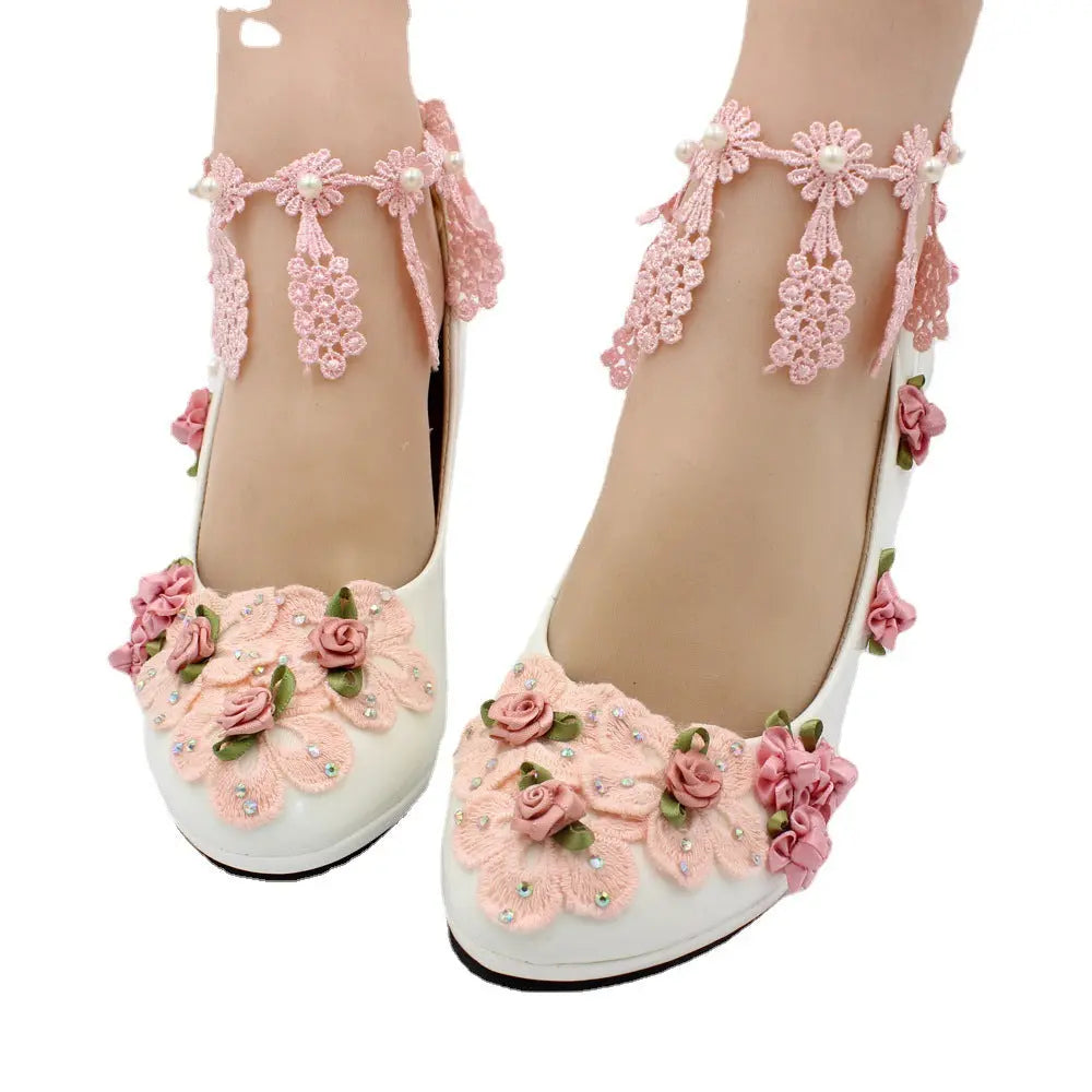 Flower Decoration High-heeled Women's Shoes Autumn Round Toe Patent Leather Wedding Shoes Bride Wedding Dress Shoes
