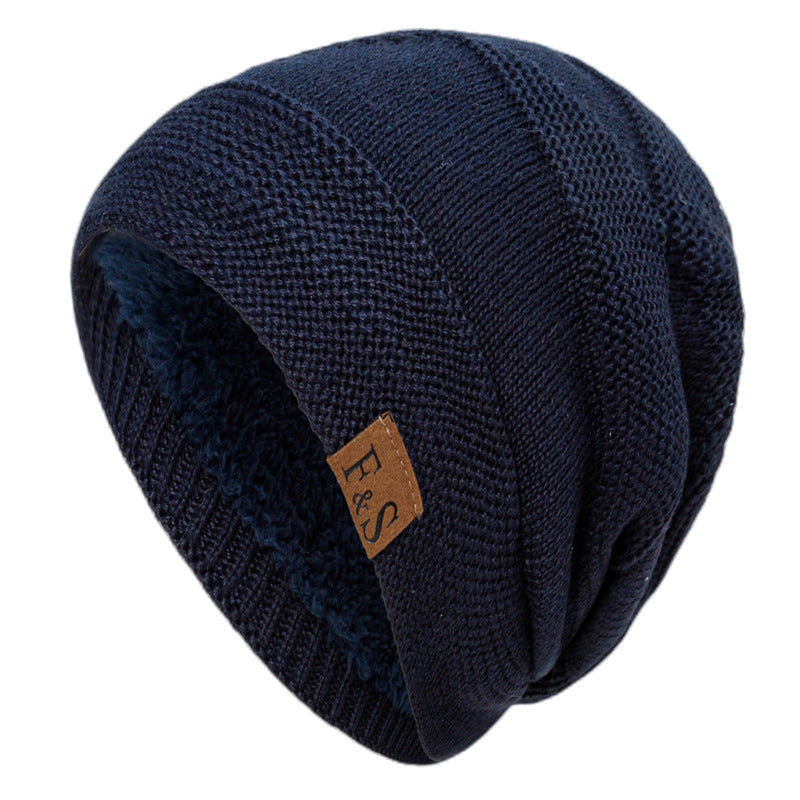 New F & S Fleece-lined Wool Cap Winter Knitted Solid Color Stitch Logo Horizontal Strip Warm Pullover Cap Cross-border In Stock