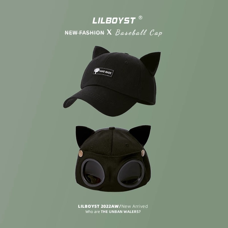 Cute Cat Ears Pilot Hat Glasses Baseball Cap Women's Sunglasses Peaked Cap Men's Big Head Wai Trendy Brand