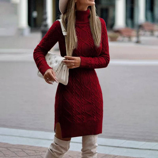 Long Sleeve Knitted Turtleneck Twist Dress with Slits