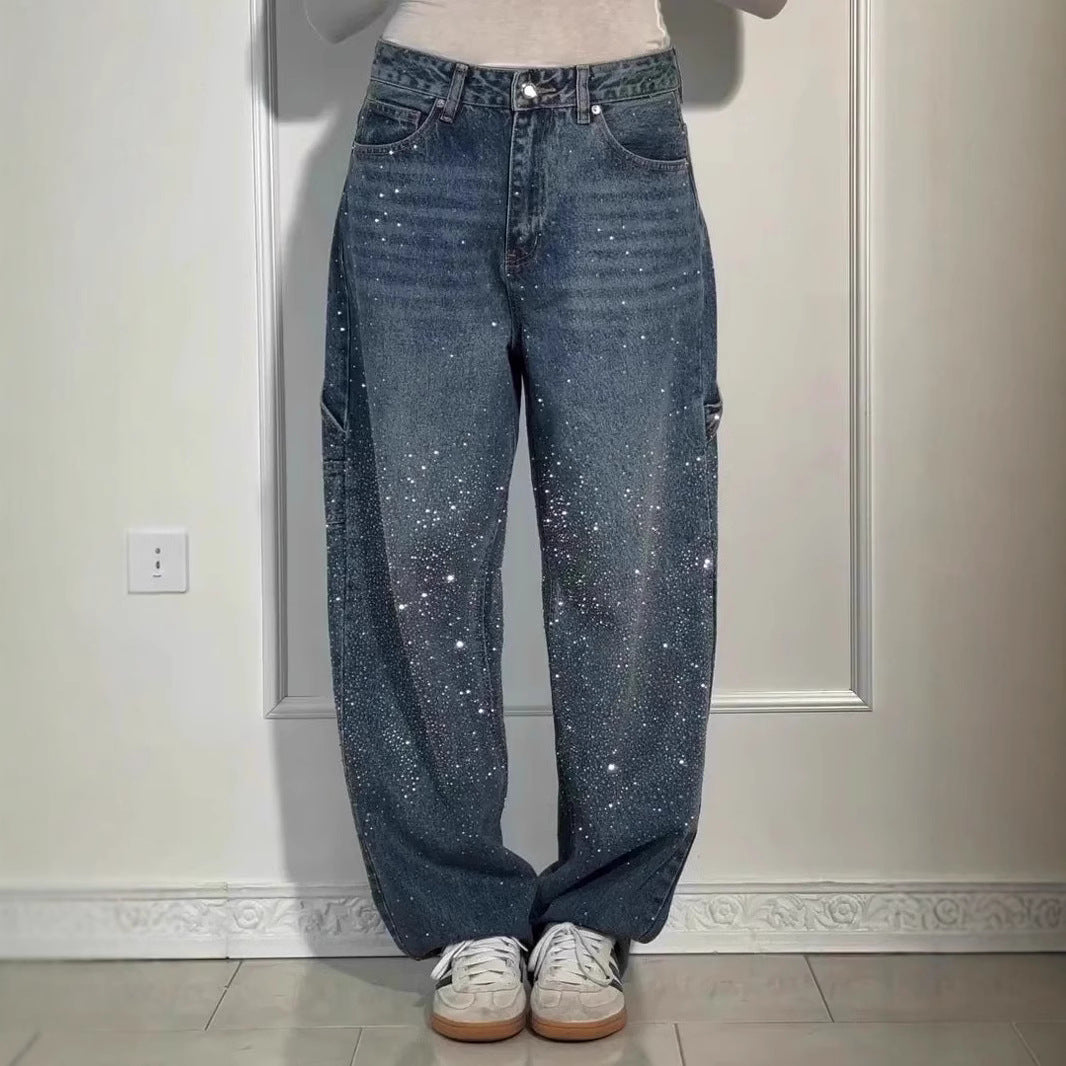 2025 Spring And Summer Amazon New Star Rhinestone Jeans High Waist Slim Casual Pants Women