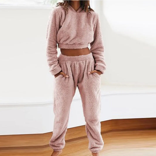 Women's Plush Hooded Long-sleeved Top Elastic Waist Trousers Casual Two-piece Set