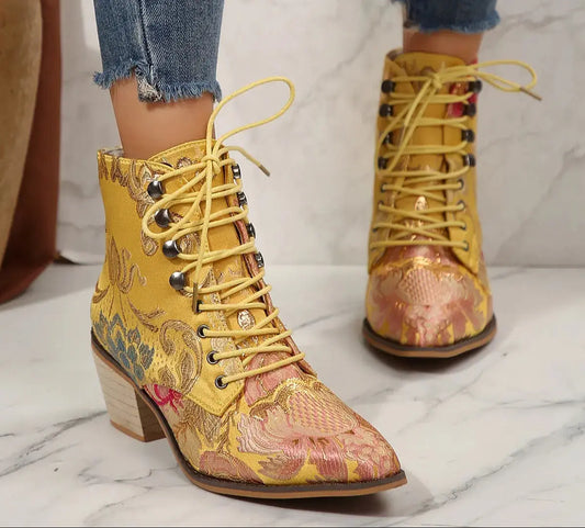 Women's Floral Brocade Lace-Up Block Heel Ankle Boots