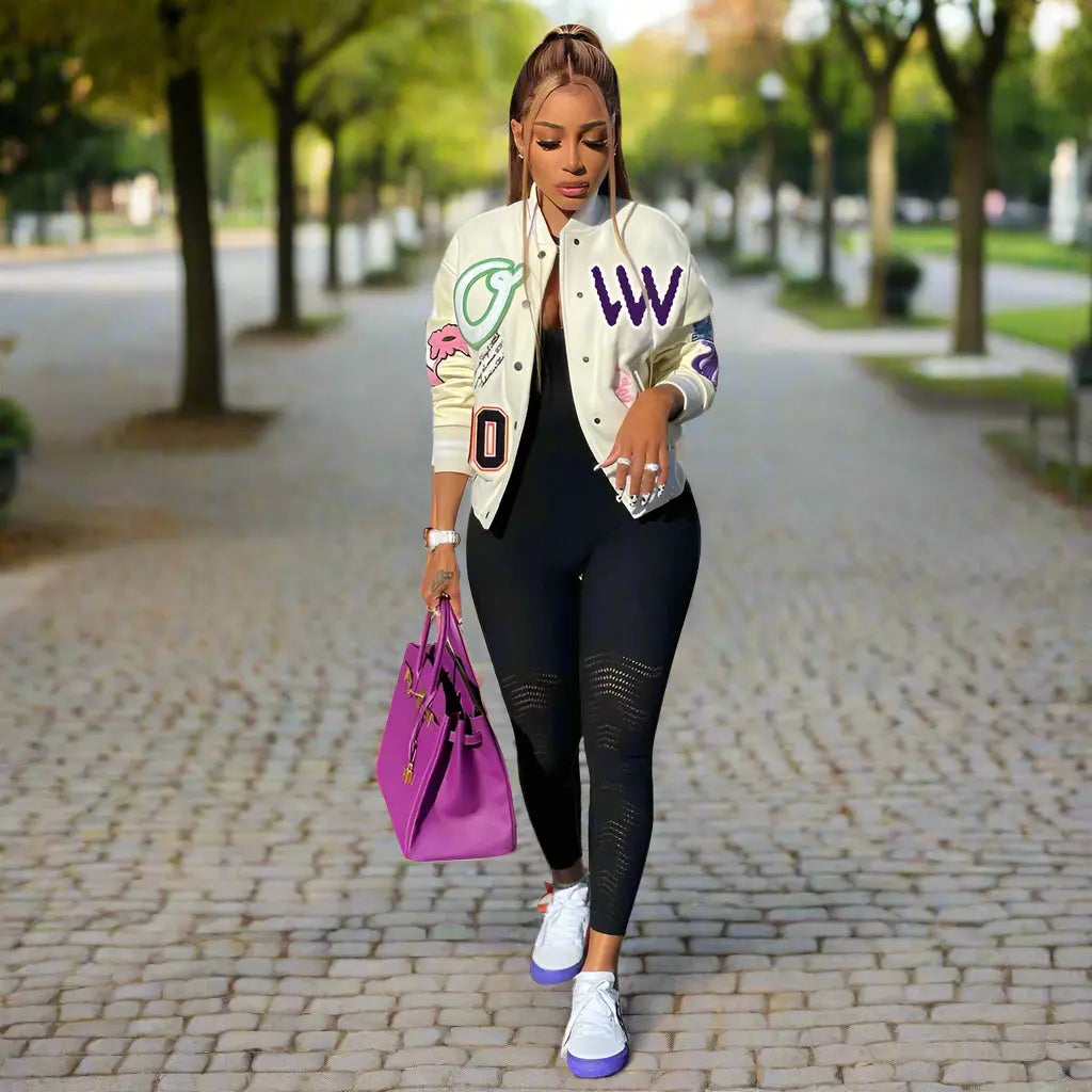 N9082I European And American Women's Autumn And Winter New Color Matching Press Button Fashion Printing Double-layer Thread Baseball Jacket