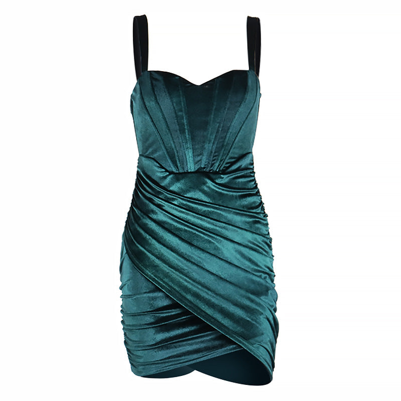 2022 New Women's Sexy Fashion Velvet Pleated Sling Bag Hip Skirt Dress