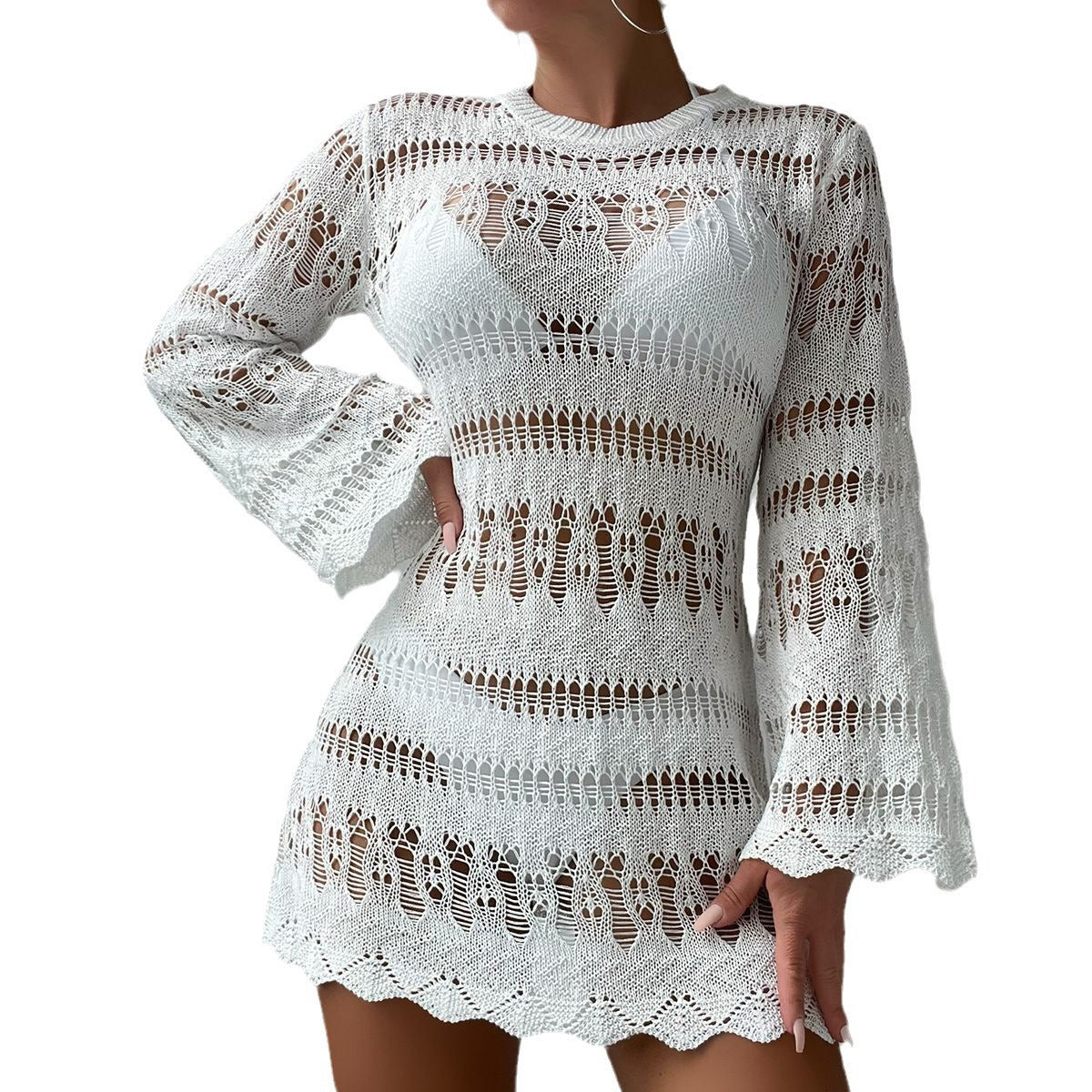 New 2025 Beach Blouse Hollow Mesh Long Sleeve Sunscreen Hawaiian Holiday Bikini Blouse