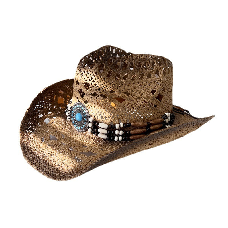 Hollow Straw Knight Hat Women's Summer National Style Sunscreen Sun Hat Western Cowboy Straw Hat Men's Mountaineering Sun Visor Hat