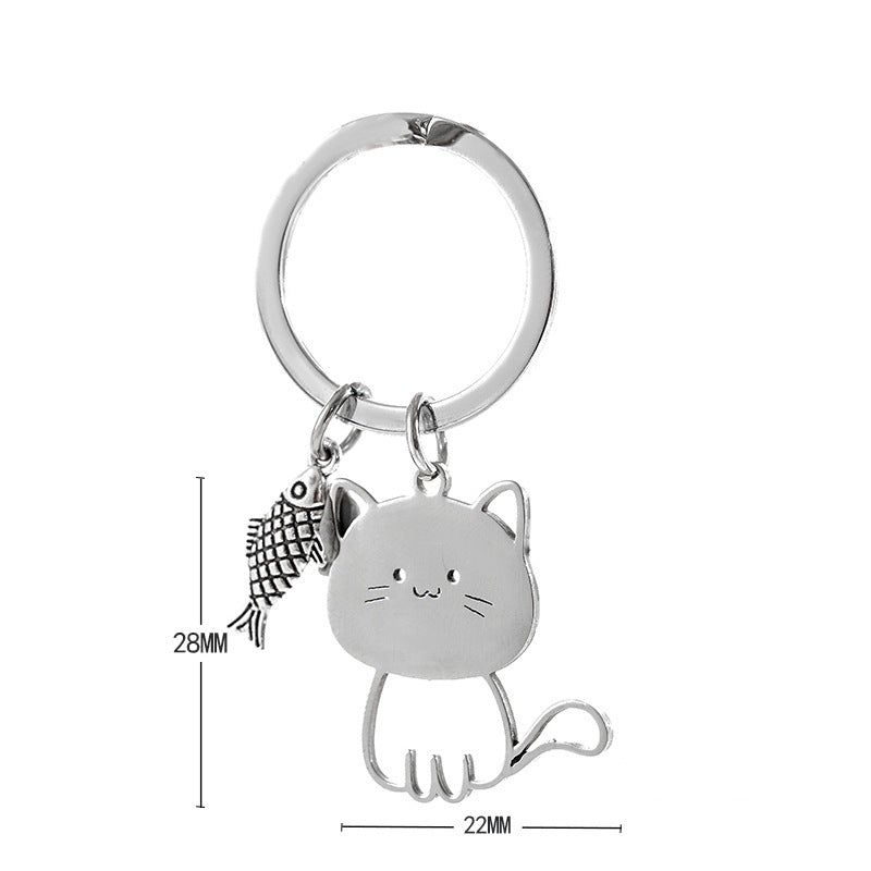 Cross-border New Cat Eating Fish Stainless Steel Pendant Key Chain Cute Cartoon Cat Pendant Couple Key Chain