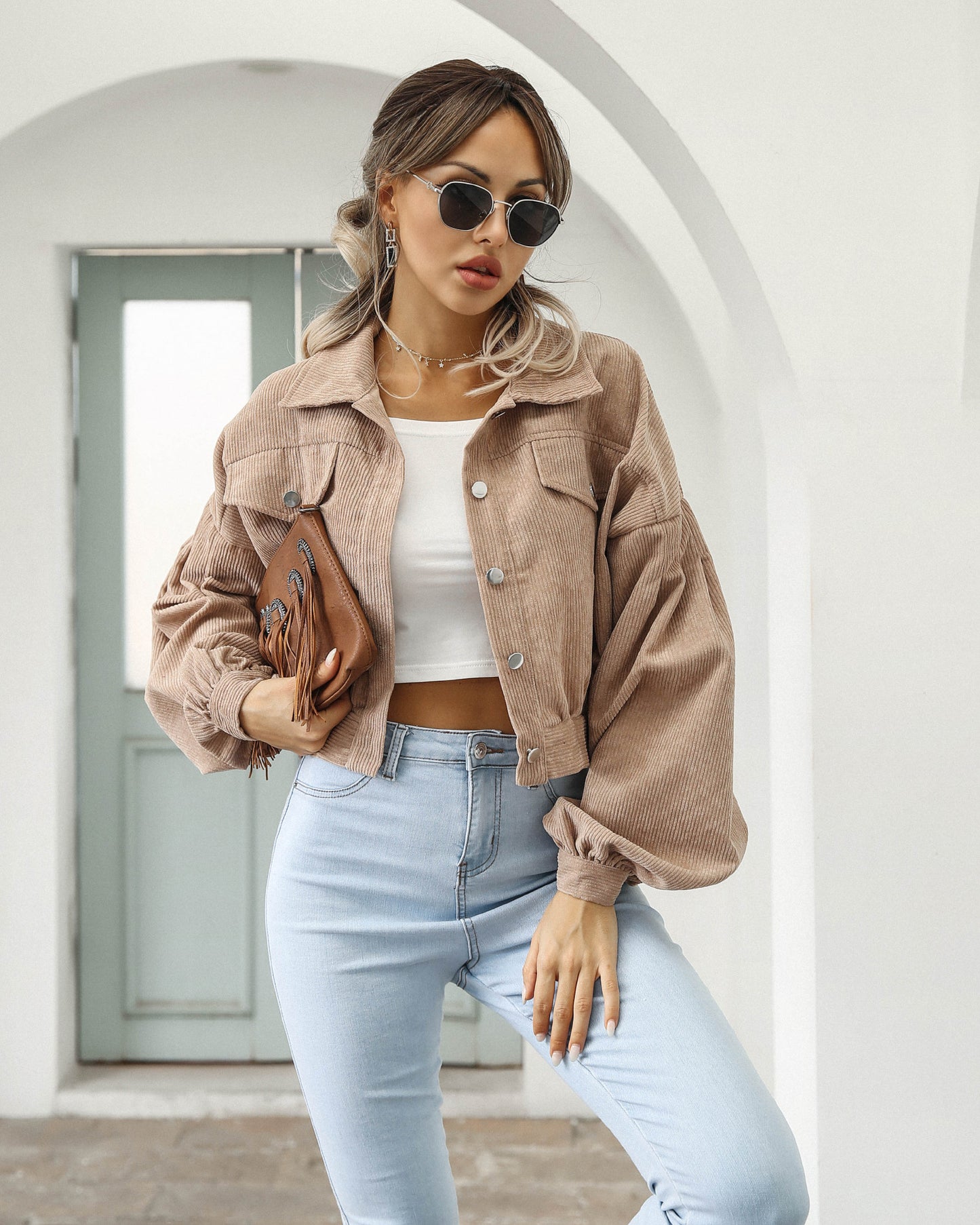 Amazon 2023 European And American Autumn And Winter Casual Lapel Corduroy Jacket Lantern Sleeve Single Breasted Short Jacket Women's Clothing