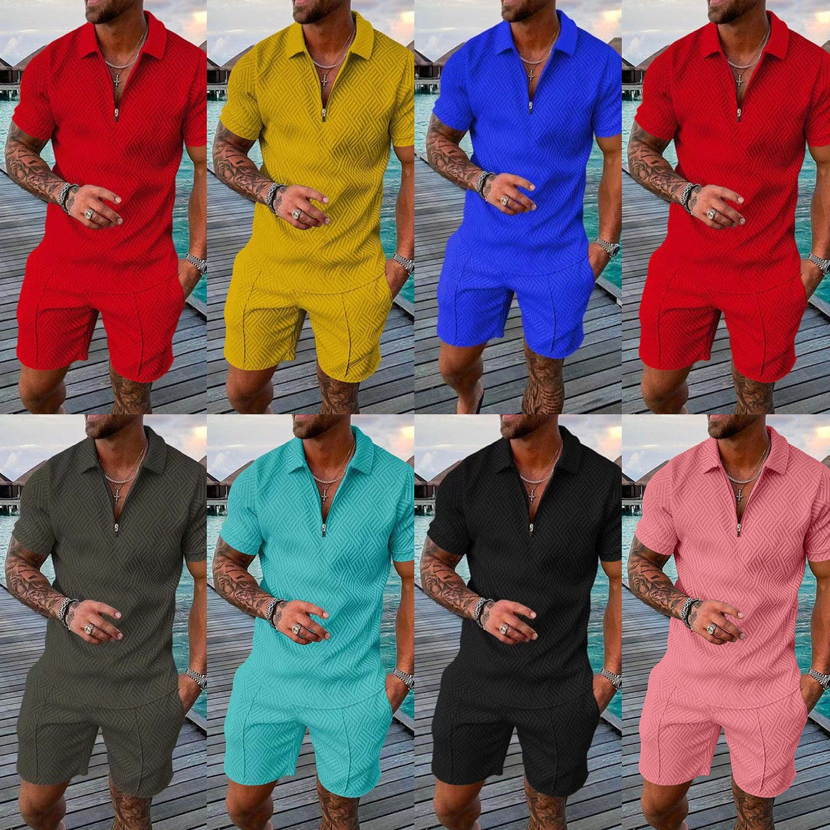 Casual short-sleeve shirt & shorts set available in red, yellow, blue, gray, turquoise, black, and pink – sleek tailored fit, lightweight, and perfect for summer styling.