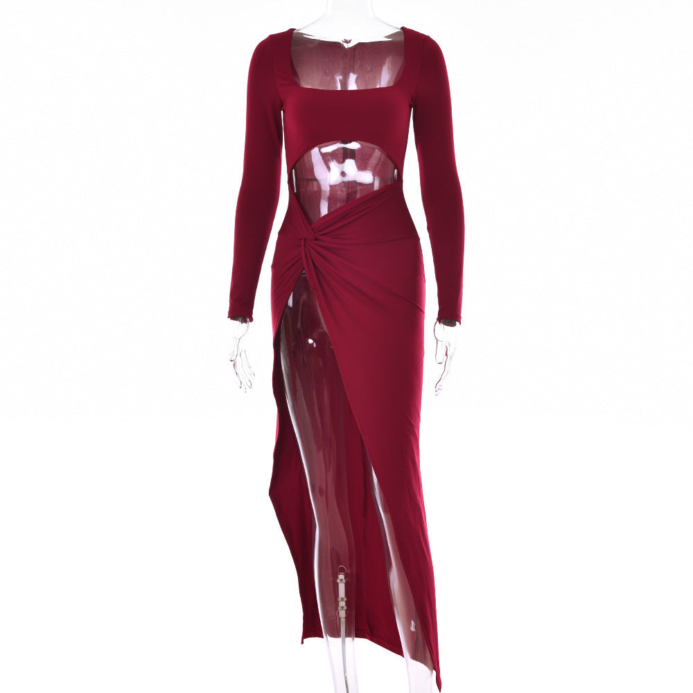 Women's Sexy High Slit Hollow Long Skirt Long-sleeved Dress