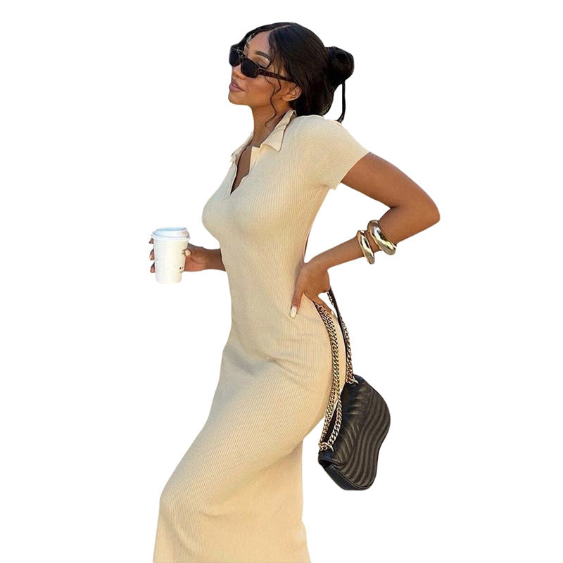 (Pre-Order) Women's Clothing Lapel Short-sleeved Sexy Backless Fashion Slim Slit Dress