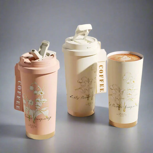 New Lily Of The Valley Coffee Cup Thermos Cup 316 Stainless Steel Women's High Color Value Straw Gift Cup Lettering Logo