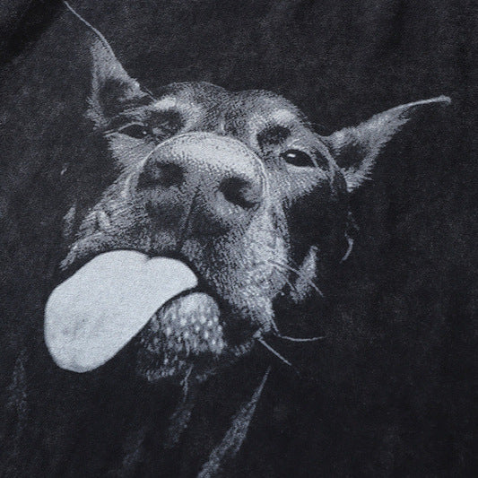 Doberman Printed Washing Water Vintage Vintage High Street Trendy Brand Loose Round Neck Short Sleeve T-shirt For Men And Women Street