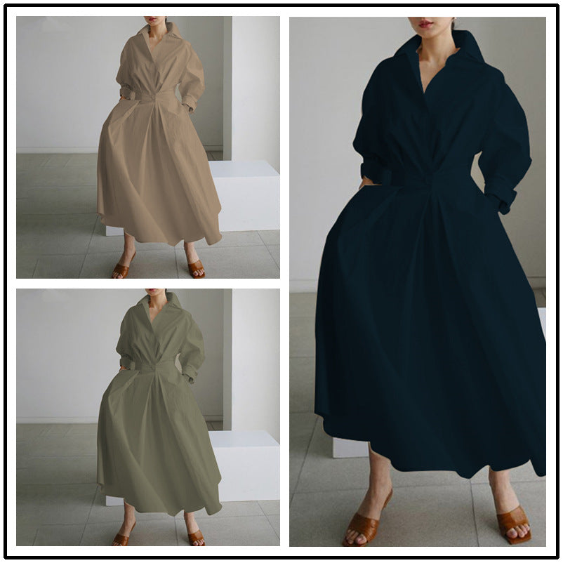 Elegant Long Sleeve Shirt Dress with Pockets - Maxi Waist Tie Dress Plus Size