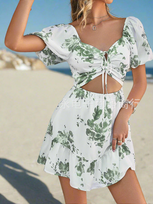 Summer Printed Retro Ins Style Suspender Skirt European And American Spring And Summer Mid-waist Green Temperament Commuter Dress