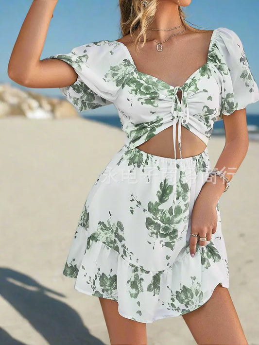 Summer Printed Retro Ins Style Suspender Skirt European And American Spring And Summer Mid-waist Green Temperament Commuter Dress