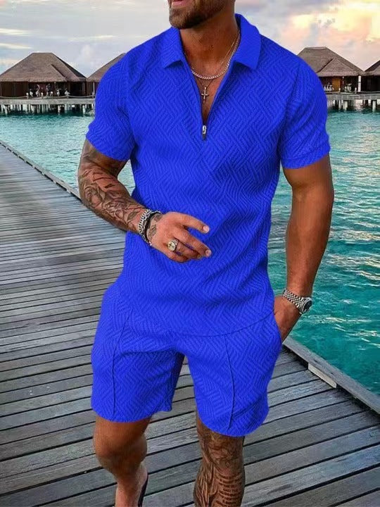 Casual short-sleeve shirt & shorts set available in red, yellow, blue, gray, turquoise, black, and pink – sleek tailored fit, lightweight, and perfect for summer styling.