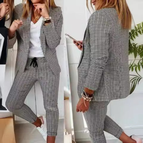 New 2024 European And American Women's Plaid Casual Slim-fit Lap-up Suit With Lace-up Pants Suit
