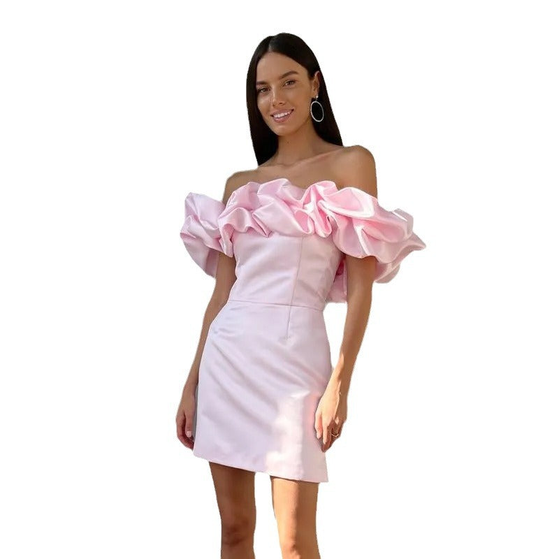 Solid Color Strapless Floor Shoulder Ear Edge Dress