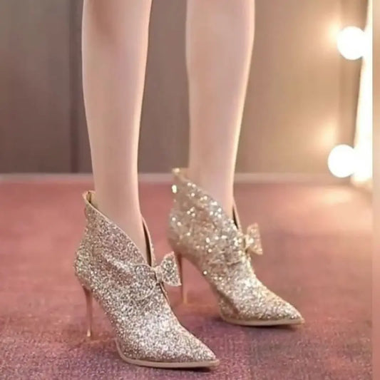 Women's Glitter Stiletto Ankle Boots with Bow - Sparkly High Heel Party Shoes