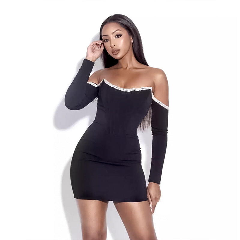 Women's Long-sleeved Dress Autumn And Winter High-end Luxury Diamond Word Neck Dress