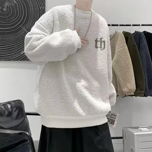 Fleece-lined Sweatshirt Men's Winter Inner Thickened Round Neck High School Top Trendy Brand Loose Teenager Lamb Wool Jacket