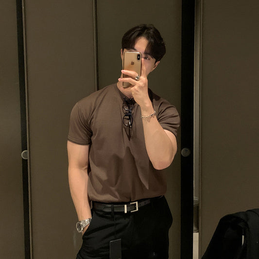 Summer New Solid Color Base Shirt Round Neck Short-sleeved T-shirt Trendy Casual Cotton Inner Small Neck All-match