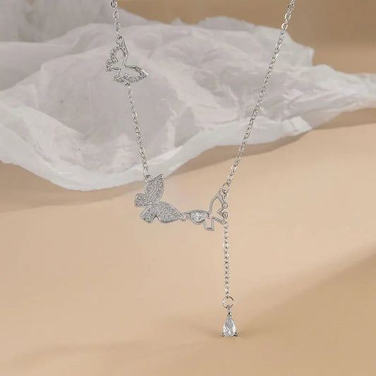 Three Butterfly Tassel Necklace Diamond-embedded Zircon High-grade Daily Simple All-match Niche Female Valentine's Day Clavicle Chain