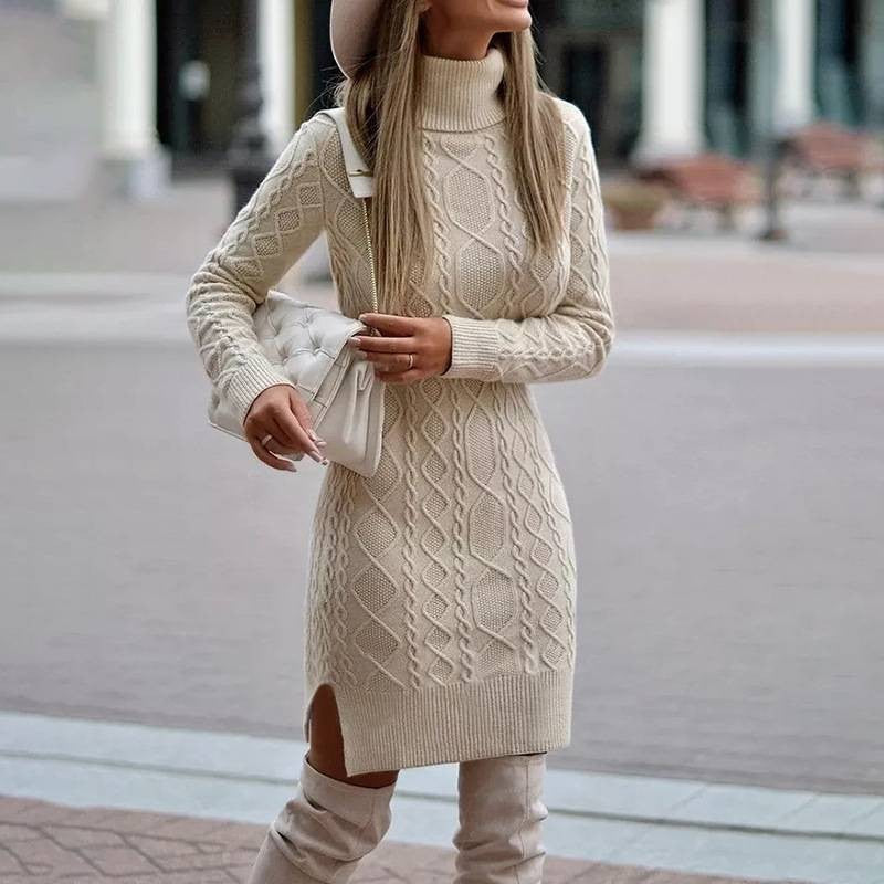 Long Sleeve Knitted Turtleneck Twist Dress with Slits